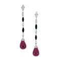 Pair of Platinum, Diamond, Black Onyx and Rubellite Pendant-Earrings