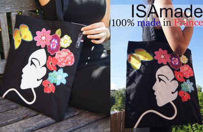 Tote bag sac noir multicolore Visage fleurs made in France