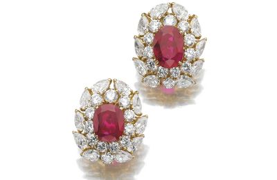 Important pair of ruby and diamond ear clips, ruby and diamond necklace & Ruby and diamond ring, M. Gérard