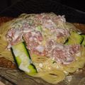 Spaghetti jambon de Parme, courgette sauce au chèvre