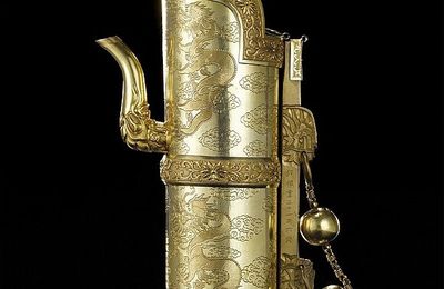 A rare dated Tibetan-style gold 'marriage' ewer and cover, Guangxu mark and period, dated 1888