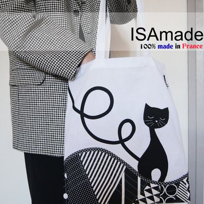 Tote bag chat noir blanc fantaisie ISAmade fabriqué en France