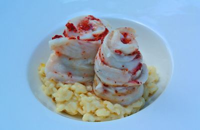 Risotto au lait de coco, filet de sabre roulé à la moutarde au cassis