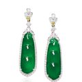 A Pair of Jadeite ‘Peapod’ and Diamond Ear Pendants