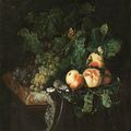 Willem Van Aelst, Nature morte aux pêches, raisins et aux fleurs avec un escargot et papillon