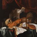 Jacques de Claeuw, Vanitas still life with a skull, a violin, a cittern, playing cards, books, a globe and other objects on ...