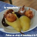 Poires au sirop et bouchées à la faisselle