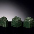 A set of three spinach-green jade seals, late Qing dynasty