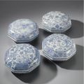 Four octagonal blue and white boxes and covers, Transitional period, circa 1640