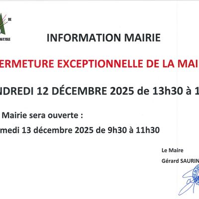 Information Mairie - Fermeture exceptionnelle de la Mairie le vendredi 12 décembre 2025 après-midi