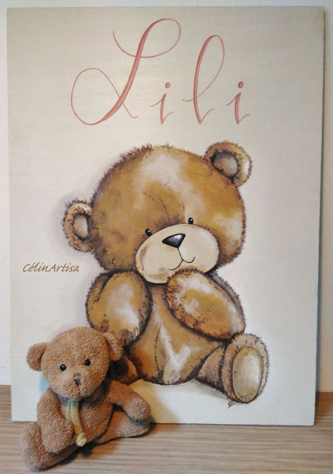 ours en peluche -acrylique sur bois (tableau naissance)