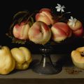 Fede Galizia, A glass compote with peaches, jasmine flowers, quinces, and a grasshopper