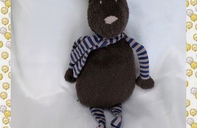 Doudou Peluche Lapin Marron Jambes Echarpe Rayures Bleu Gris Bout'Chou