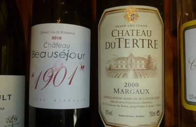 Montagne Saint Emilion : Beauséjour cuvée 1901 millésime 2010, Du Tertre (Margaux) 2000, et Clos Haut Peyraguey 2001