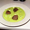 CREME PETITS POIS AVOCATS ; BOULETTES DE BOEUF EPICEES