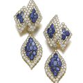 Pair of sapphire and diamond pendent ear clips