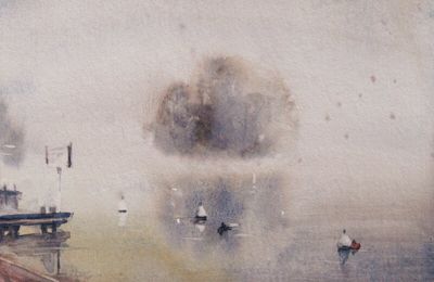 Aquarelle du lac d'Annecy, sous la brume, Ile aux Cygnes