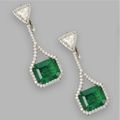 Colombian emerald and triangular-shaped diamond pendant-earrings