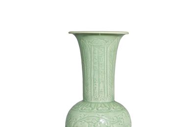 A rare Longquan celadon carved documentary temple vase, Ming dynasty, Xuande period (AD 1432)