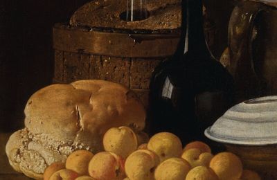 Luis Meléndez, Still life with a plate of apricots, cherries, bread, a wine cooler and receptacles
