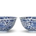 A fine pair of blue and white 'Peony' bowls, marks and period of Kangxi (1662-1722)
