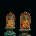 A pair of sancai-glazed Buddha figures and thier shrines, Ming Dynasty, dated 1584, Wanli reign and of the period