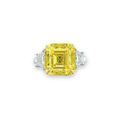 An important 10.76 carats, VS2 clarity square-shaped fancy vivid yellow diamond and diamond ring