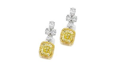 Pair of fancy yellow diamond and diamond pendent earrings