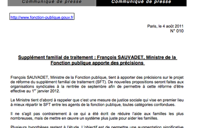 Supplément familial de traitement (SFT) : François Sauvadet, ministre de la Fonction publique apporte des précisions - 2011