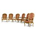 A set of six Italian red and yellow lacquered armchairs, Venetian, mid 18th century, en suite with the following lot.