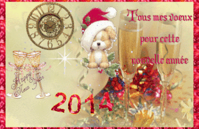 Bonne Année 2014 - horloge - champagne - nounours