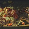 Clara Peeters (Antwerp ?1589-after 1657), Apples, cherries, apricots and other fruit in a basket, with pears, plums, robins, ...