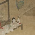 Encre polychrome sur soie, jeune femme se reposant sur un lit, devant une fenêtre, Chine, Fin XVIIIe siècle
