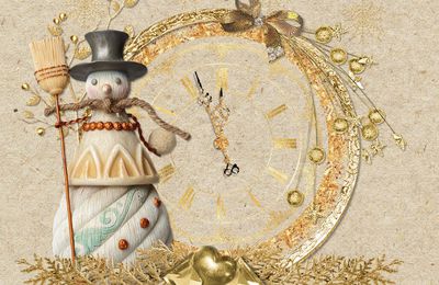 Card gif "Happy New year 2020" snowmen, golden Christmas wreath, pendulum clock