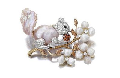 A cultured freshwater pearl, diamond and colored diamond brooch, Ruser