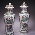 Pair of Famille Verte Lobed Baluster Jars And Covers. China 18th c. Kangxi (1662 - 1772)