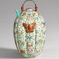 A very rare celadon-ground famille-rose wine warmer and cover, Qing dynasty, early 19th century