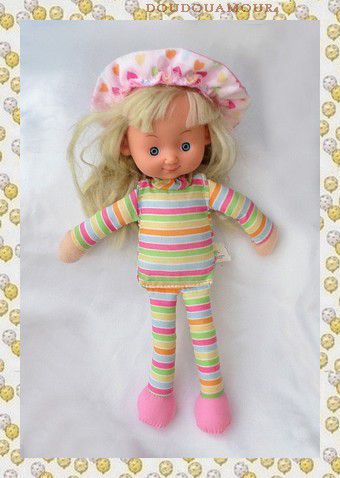 Doudou Poupée Tissu Rayures Multicolore Cheveux Blonds Aimantine