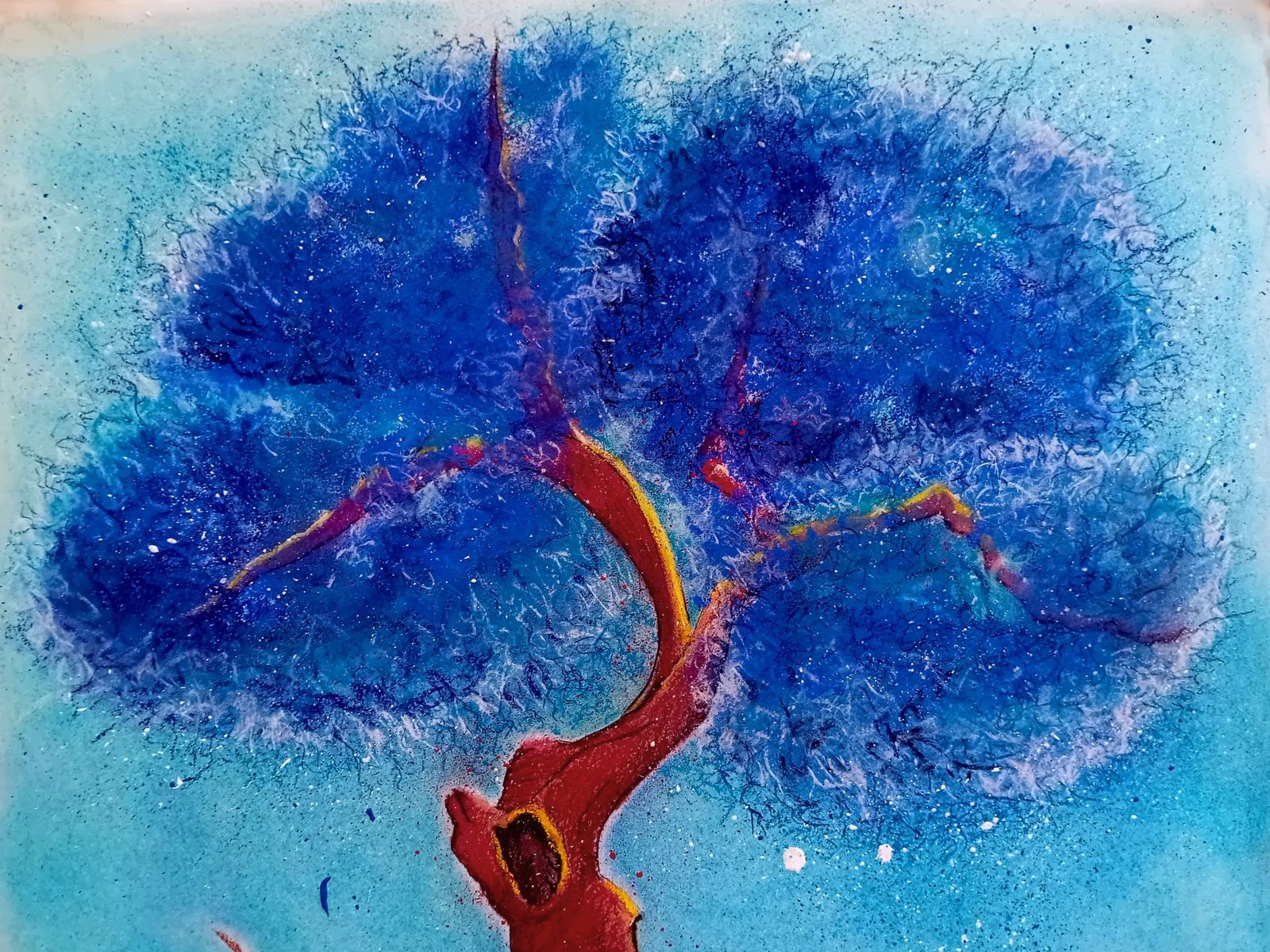 Détail houppier bleu. Arbre imaginaire, stylo bille et au pastel sec sur papier 