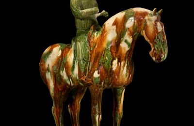 A rare and unusual sancai-glazed pottery equestrian, Tang dynasty (AD 618-907)