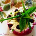 On mange quoi ce WE? Bavarois de betterave au pesto, farfalles à la sauce tomates séchées, gâteau léger à la pêche....