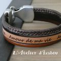 Bracelet multirangs cuir gravé "Amour de ma vie" camaïeu de cuirs marron , fermoir crochet 