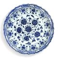 A fine blue and white barbed 'floral scroll' dish, Ming dynasty, Yongle period (1403-1424)