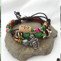 Bracelet Porte Bonheur Style Surfeur 3 Rangs Cuir Chanvre Bois de Coco Tibétain Cheval