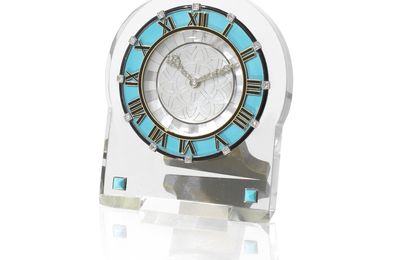 A rock crystal, diamond, turquoise and enamel desk clock by Cartier, circa 1925
