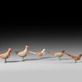 Two painted pottery cockerels, a female & two male pheasants, Han dynasty (206 BC-220 AD) 