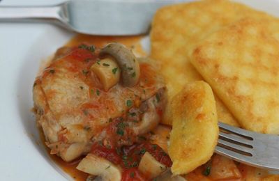Galettes de polenta et poulet aux champignons (au Cuisine Companion de Moulinex)
