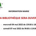 Rectificatif horaires d'ouverture de la bibliothèque mercredi 04 mai et samedi 07 mai 2022