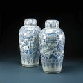 Two massive blue and white porcelain covered jars - China, Kangxi Period