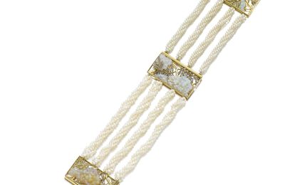 Art Nouveau opal, seed pearl and diamond collier de chien, circa 1900